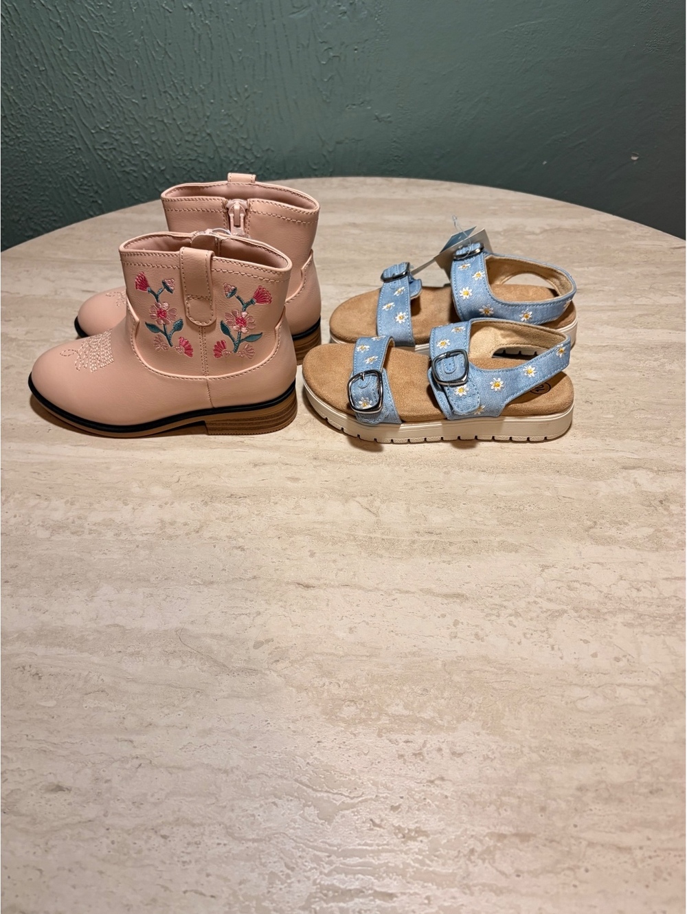 Cat & Jack Girls Pink Embroidered Boots and Blue Floral Sandals Set - Size 10